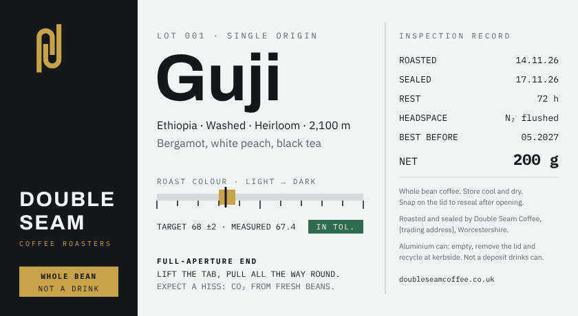 The flat Double Seam label: brand panel, Guji with roast gauge, and inspection record showing 200 g net