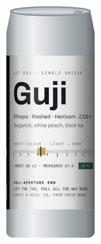 Concept render of a Double Seam 568 ml aluminium can with the Lot 001 Guji label
